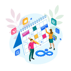 Isometric Project manager updating tasks and milestones progress planning. Weekly schedule and calendar planner organization management.