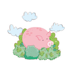 Sticker - pig animal farm with garden