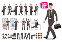 Business Man Presentation Vector Character Set. Cartoon Character Creation Of Male Business Person Talking For Presentation With Different Poses. Vector Illustration.

