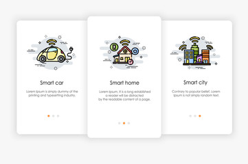 Wall Mural - Onboarding screens design in Smart car, home and city  concept. Modern and simplified vector illustration, Template for mobile apps.