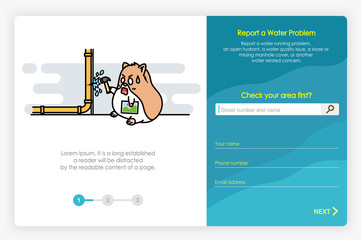 Wall Mural - Onboarding screens design in report a water problem and form. Modern and simplified vector illustration, Template for Website and apps.