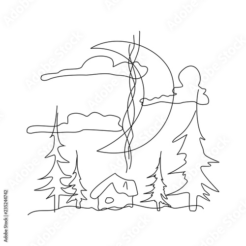 Hand Drawn Sketch Winter Fairy House Outside Pine Forest And Huge Winter Fairy House Outside Pine Forest And Huge Moon Template For Merry Christmas Card New Year Design Elements