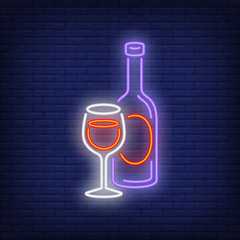 Aufkleber - Bottle and glass with red wine neon sign. Bar or advertisement design. Night bright neon sign, colorful billboard, light banner. Vector illustration in neon style.