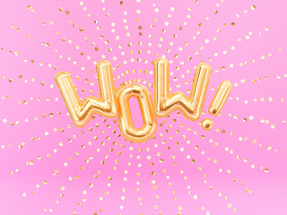 Wall Mural - Surprised Wow exclamation golden foil balloon letters phrase on pink background. 3d rendering