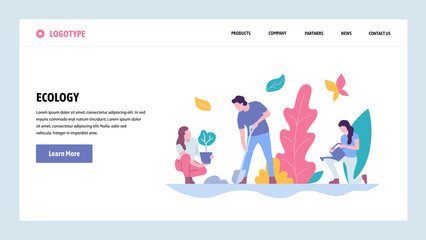 Vector web site gradient design template. People plant tree in a park. Landing page ecology concepts for website and mobile development. Modern flat illustration.