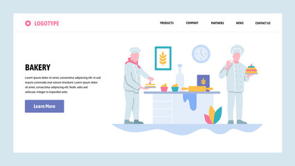 vector web site gradient design template. bakery shop and chef cooking cake. landing page concepts f
