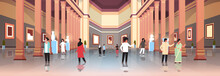 Tourists Visitors In Classic Historic Museum Art Gallery Hall With Columns Interior Looking Ancient Exhibits And Sculptures Collection Flat Horizontal Banner