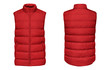 Blank template red waistcoat down jacket sleeveless with zipped, front and back view isolated on white background. Mockup winter sport vest for your design