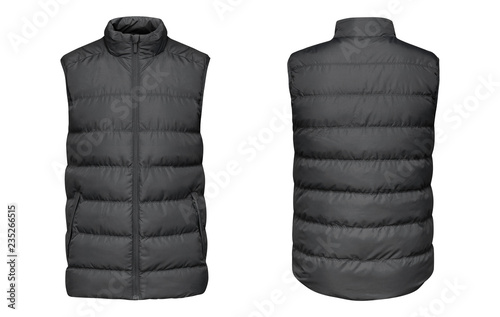 Fotomural Blank template grey waistcoat down jacket sleeveless with zipped, front and back view isolated on white background