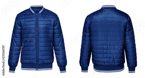 Fotografía Blank template blue jacket bomber with white stripe, front and back view isolated on white background