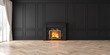 © YKvisual - Classic empty black interior with fireplace, curtain, window, wall panels, 3D render, illustration, mockup, wide picture.