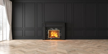 Classic Empty Black Interior With Fireplace, Curtain, Window, Wall Panels, 3D Render, Illustration, Mockup, Wide Picture.