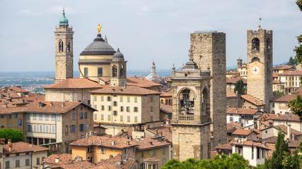 Bergamo, Italy. The old town. Landscape at the city center, the old towers and the clock towers from the ancient fortress