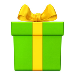 Green gift box with yellow or golden bow and ribbon (front view). Vibrant elegant shiny summer sunny present