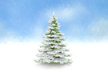 Christmas Tree And Falling Snow Blue Sky Background