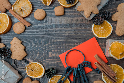 Christmas Top View Over A Brown Wooden Background With Gift Boxes