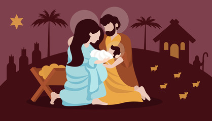 Christmas nativity scene with holy family flat illustration