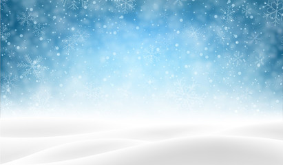 Blue background with winter landscape and snow for seasonal, Christmas and New Year decoration.