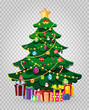 Cute cartoon decorated Christmas fir tree with gifts and presents.