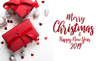 Wall Mural - merry christmas and happy holidays greeting card. new year. valentine's day. red gift, present on wh