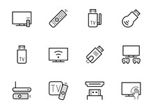 TV Stick And Box Vector Icon Set In Thin Line Style