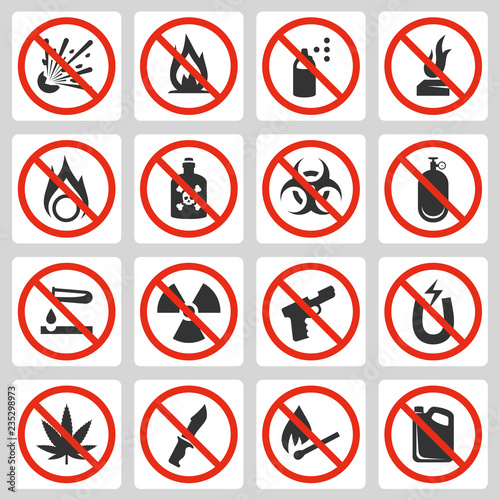 Fotomural Signs of prohibited luggage items in airport, vector icon set