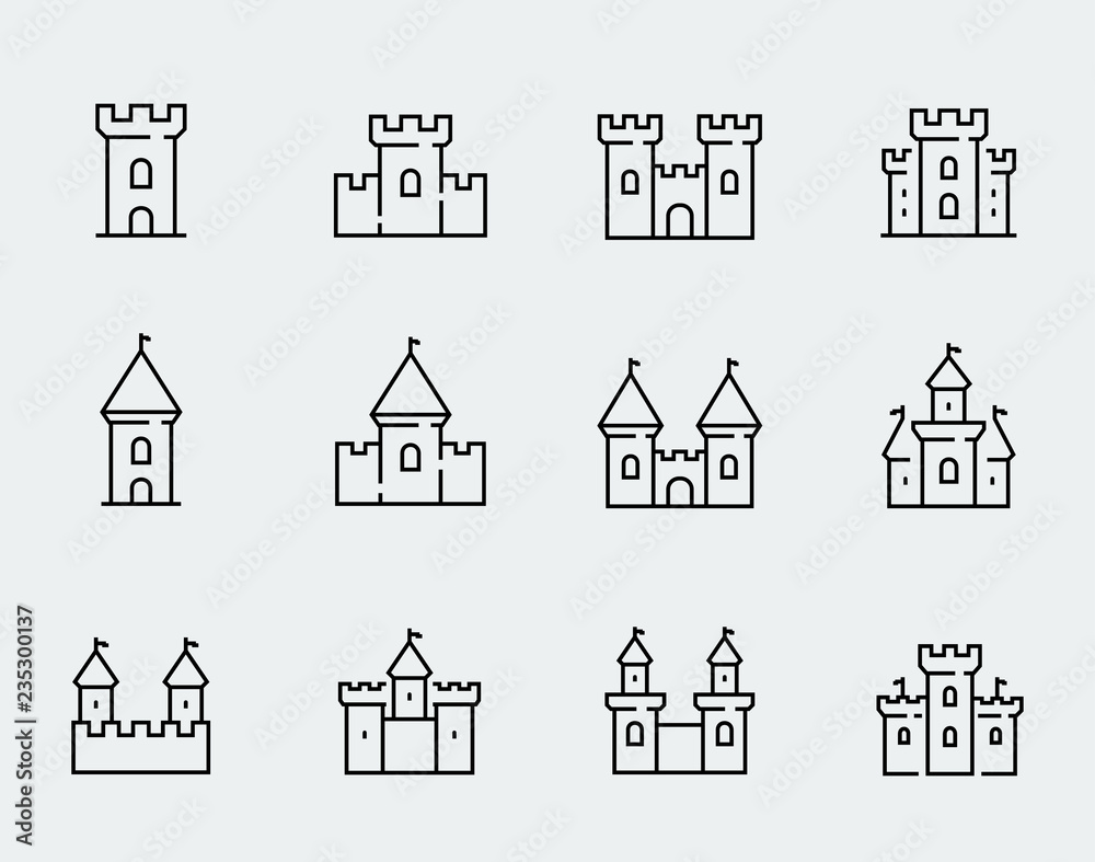 Vector medieval castles icon set in thin line style - obrazy, fototapety, plakaty 