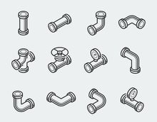 Isometric Pipes, Fittings, Valve And Meters Vector Icon Set In Thin Line Style