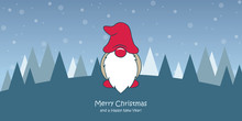 Christmas Greeting Card With Cute Christmas Dwarf And Snowy Landscape Vector Illustration EPS10