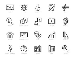 school subjects vector icon set in thin line style
