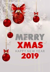 Wall Mural - merry Christmas and happy new year 2019 white snowy poster with fur tree branches and stars.