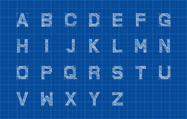 Sketch alphabet or font over blueprint paper background