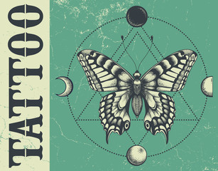 Wall Mural - Banner for tattoo school, studo, parlor.Illustation with butterfly, triangle geometry, moon phases.Grunge,vector banner