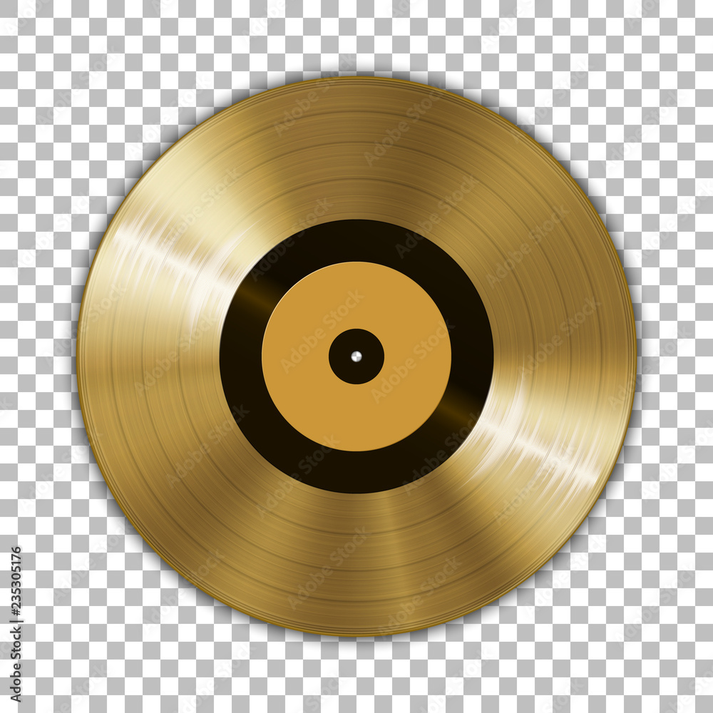 Gramophone golden vinyl LP record template isolated on checkered background. Vector illustration - obrazy, fototapety, plakaty 