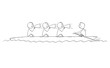 Cartoon stick drawing conceptual illustration of four men or businessmen on the rowing boat, one man is rower, three men are coxswains. Business concept of non-functional teamwork or team.