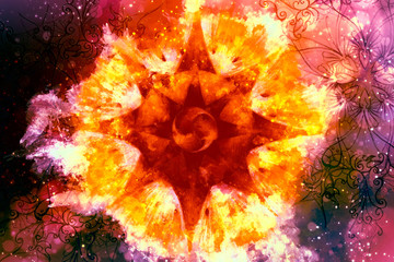 Fototapete - Sun mandala and watercolor and ornamental background.