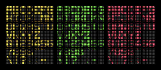 digital yellow, green and red bold led font isolated on black background, vector illustration