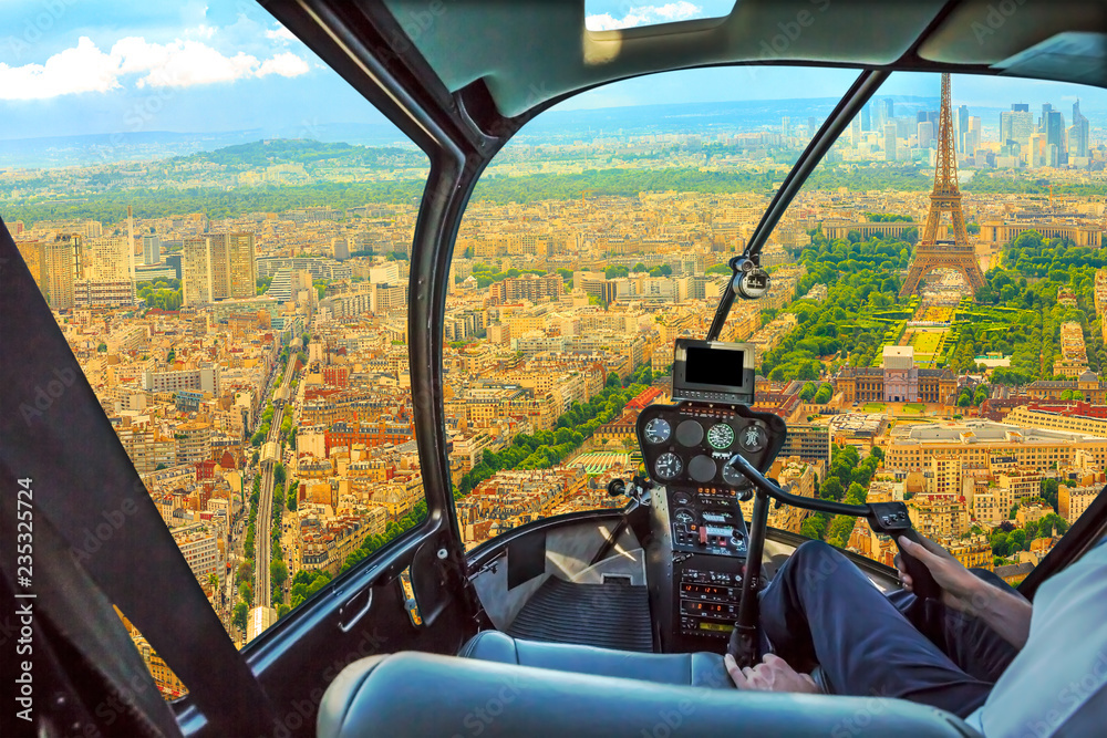 Helicopter cockpit aerial view of Tour Eiffel in Paris, French capital, Europe. Scenic flight above Paris skyline and cityscape, France. - obrazy, fototapety, plakaty 