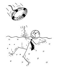 Sticker - Cartoon stick man drawing conceptual illustration of businessman drowning in water, someone just throw him lifebuoy. Business concept of company drowning in depths and rescued by loan.