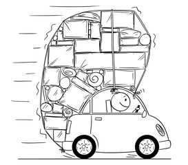 Canvas Print - Cartoon stick drawing conceptual illustration of man driving car overloaded by boxes,objects and luggage.