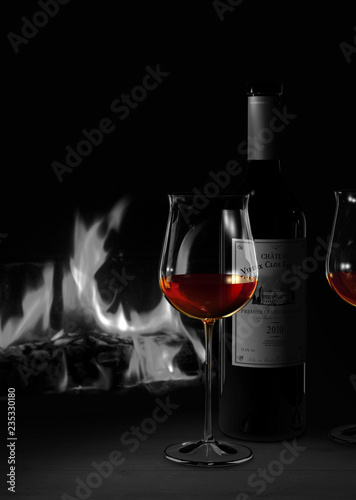 Stilleben Mit Einer Flasche Und Einem Glas Rotwein Im Bordeaux Stil Vor Gemutlichem Kamin Feuer Buy This Stock Illustration And Explore Similar Illustrations At Adobe Stock Adobe Stock