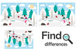 Find 10 differences, game for children, winter snowy forest in cartoon style, education game for kids, preschool worksheet activity, task for the development of logical thinking, vector illustration