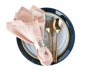 Plates with cutlery and napkin on white background, top view. Festive dinner setting