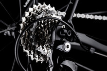 Bicycle Bike Rear Derailleur Gear Casette Chain Detail Close Up Shot Black Dark Background 