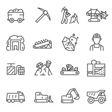 Mining, Icon Set. Extraction Of Minerals In The Mine And Surface, Linear Icons. Line With Editable Stroke