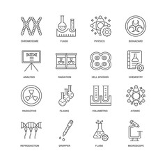 Wall Mural - 16 linear icons related to Microscope, Radiation, Chromosome, un