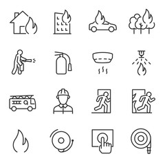 Wall Mural - Fire and firefighting, icon set. fire prevention and elimination, linear icons. Line with editable stroke