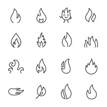 Flames, Icon Set. Fire, Flame Of Various Shapes, Linear Icons. Line With Editable Stroke