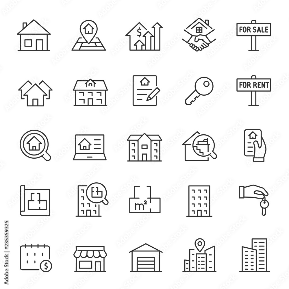 Real estate, icon set. Purchase and sale of housing, rental of premises, linear icons. Line with editable stroke - obrazy, fototapety, plakaty 