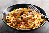 Fototapeta Sypialnia - Vegetarian spaghetti bolognese with mushrooms and pepper.